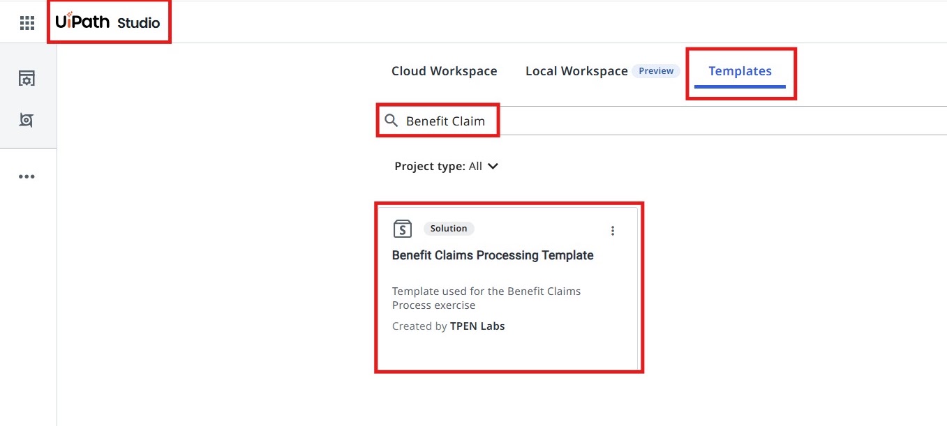 Studio Web Templates tab, filtered for "Benefit Claim", showing the Benefit Claims Processing Template card by TPEN Labs