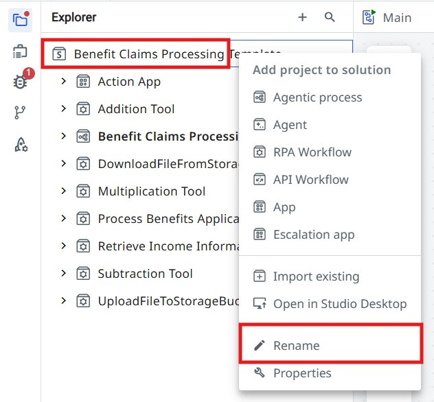 Studio Web Explorer panel with the solution context menu open, showing the Rename option