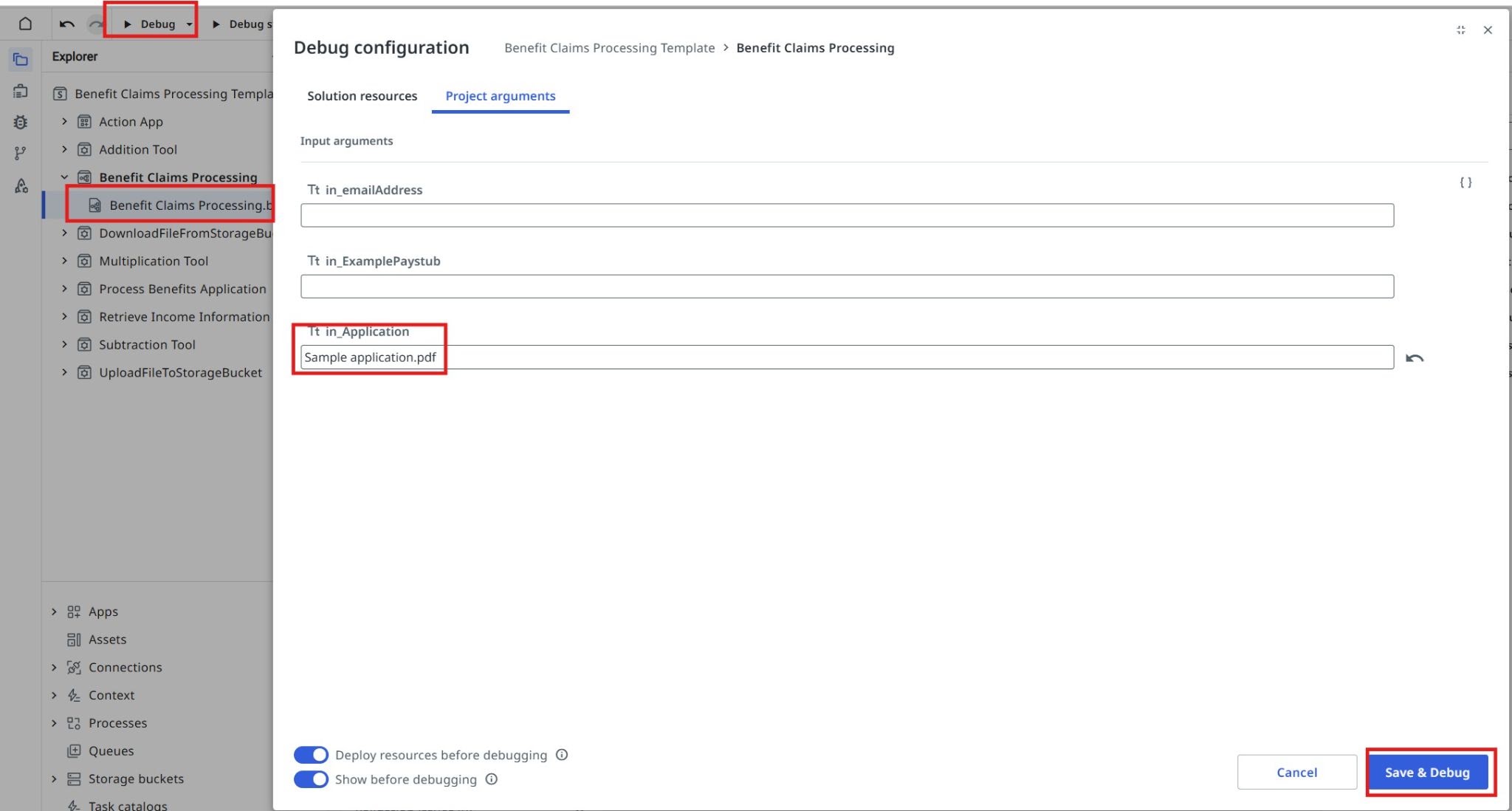 Debug configuration dialog for the Benefit Claims Processing project with the input arguments filled in