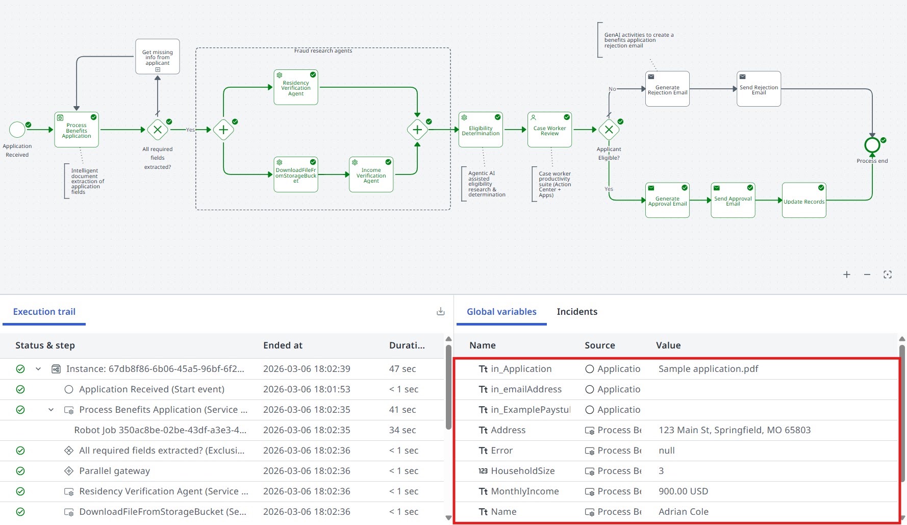 Process execution view with the BPMN diagram on top and the execution details below