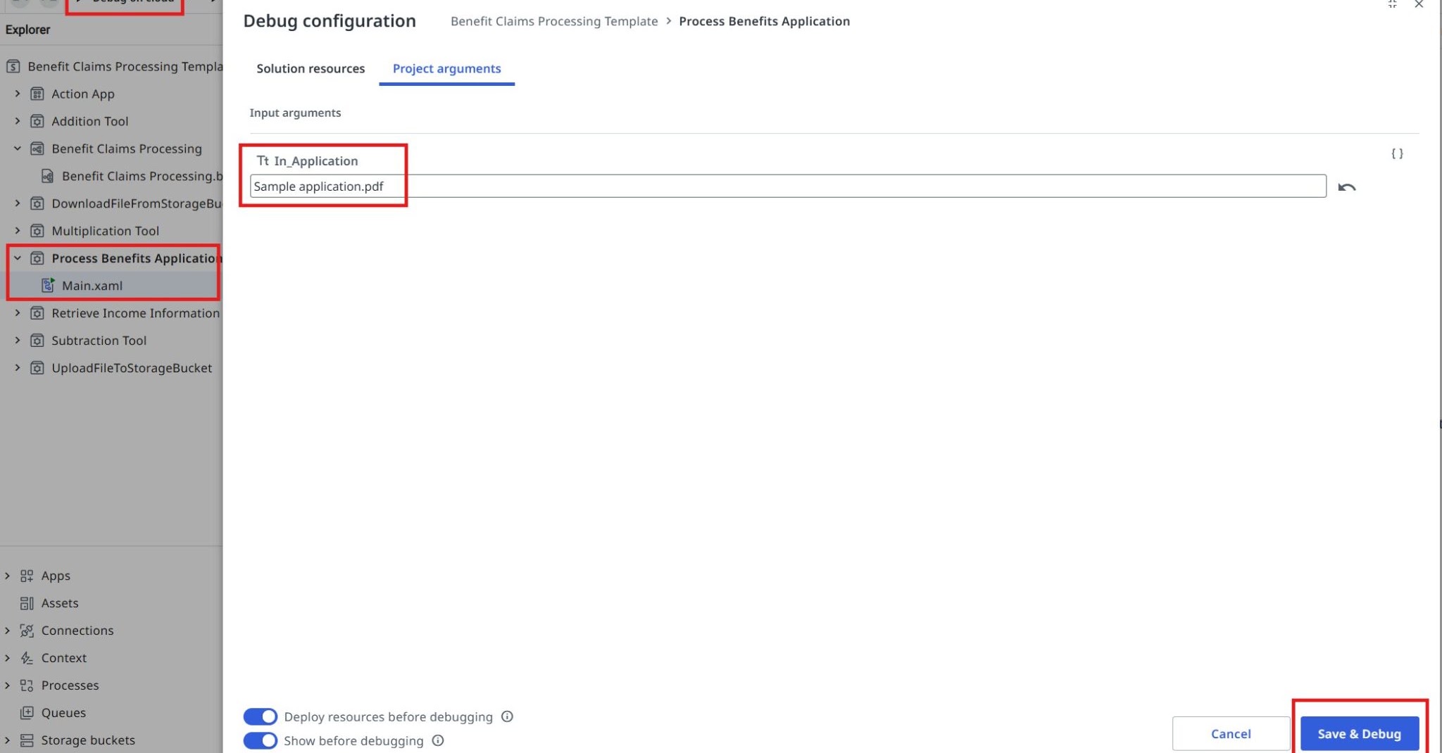 Studio Web Debug configuration view showing the Project arguments for the Process Benefits Application workflow