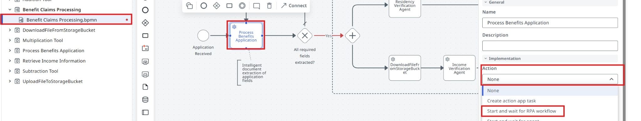 Studio Web BPMN designer with the Benefit Claims Processing diagram open and the task properties panel showing