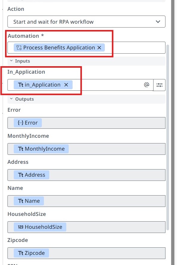 Configuration panel with Process Benefits Application selected and the In_Application input mapped