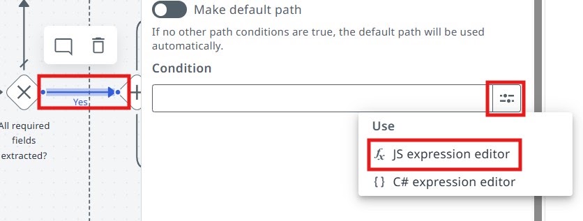 BPMN designer with the "Yes" conditional connector selected and its properties panel open