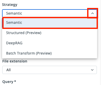 Strategy dropdown with the Semantic option highlighted