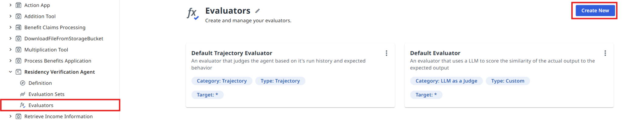 Evaluators page with the Create New button in the top-right corner