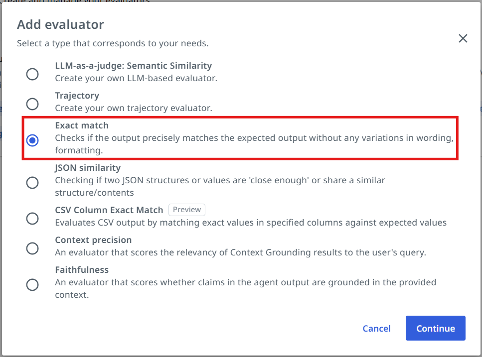 Evaluator type picker with the Exact match option selected