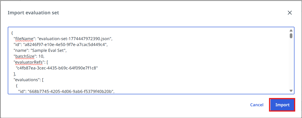 Import window with the evaluation set JSON pasted in