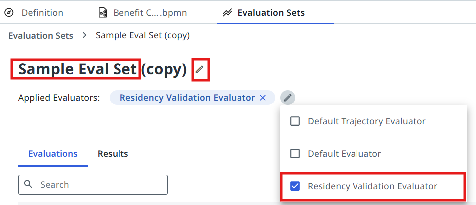 Evaluation set with the Residency Validation Evaluator checkbox selected