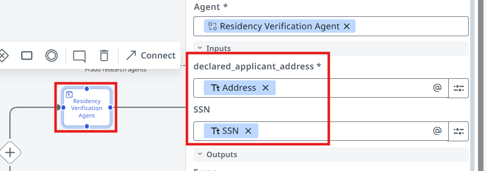 Agent node selected on the canvas with the input mapping fields