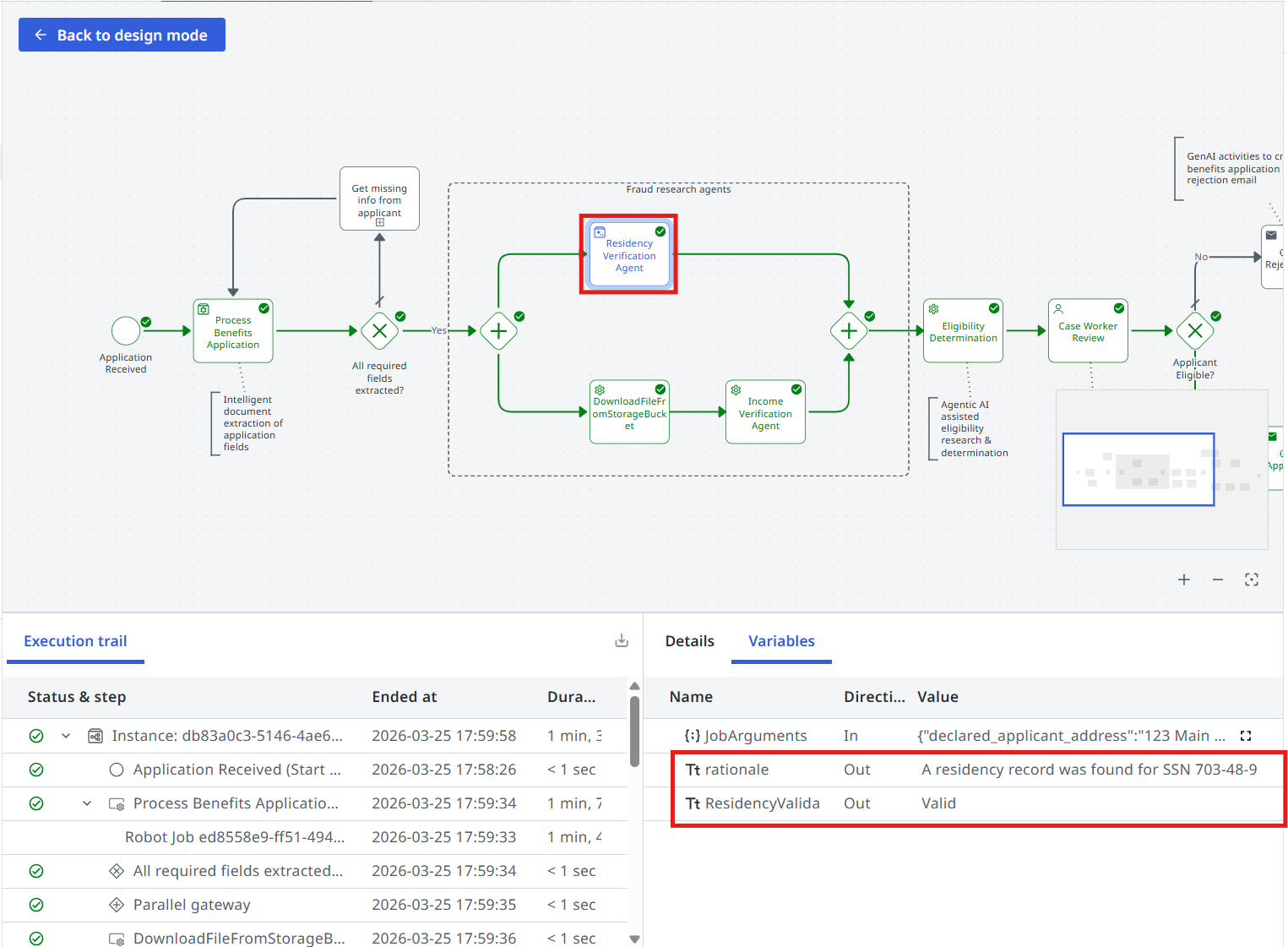 Completed execution showing the Residency Verification Agent's output