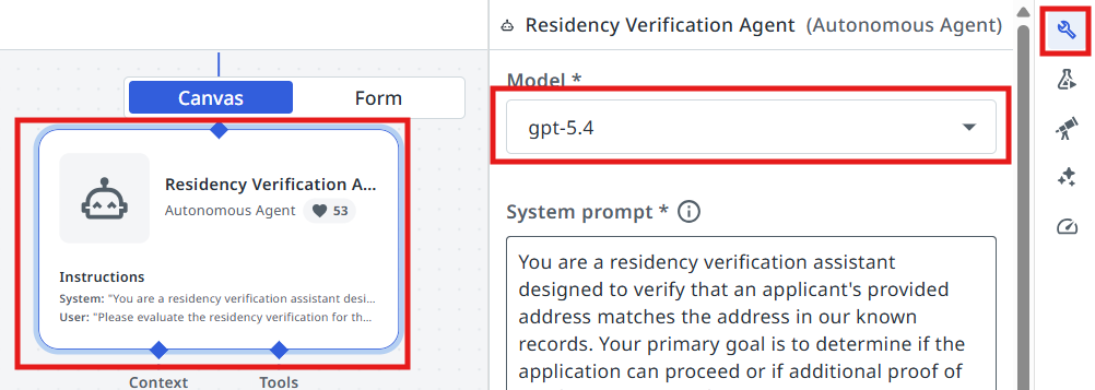 Agent settings panel with the model selector open for the Residency Verification Agent