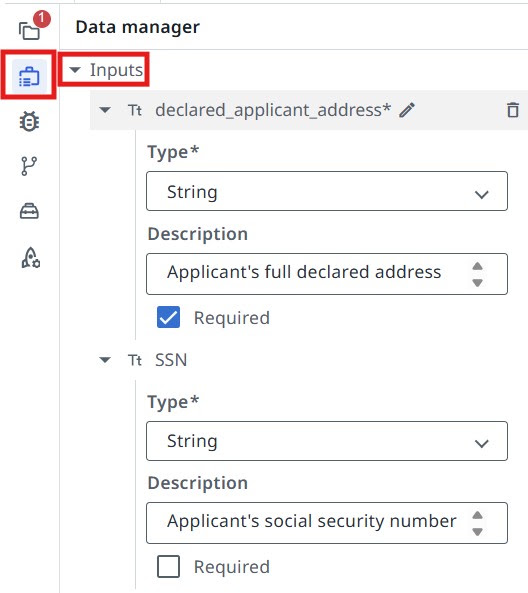 Data manager panel with the Inputs section expanded