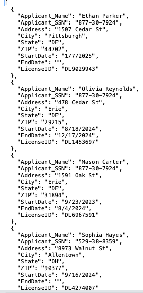 Sample applicant residency records in JSON format