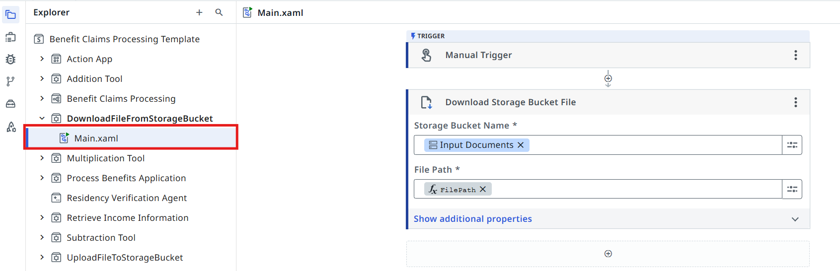 DownloadFileFromStorageBucket workflow open in the Studio Web designer