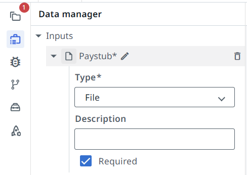 Data manager with the Paystub input expanded and File selected as its type