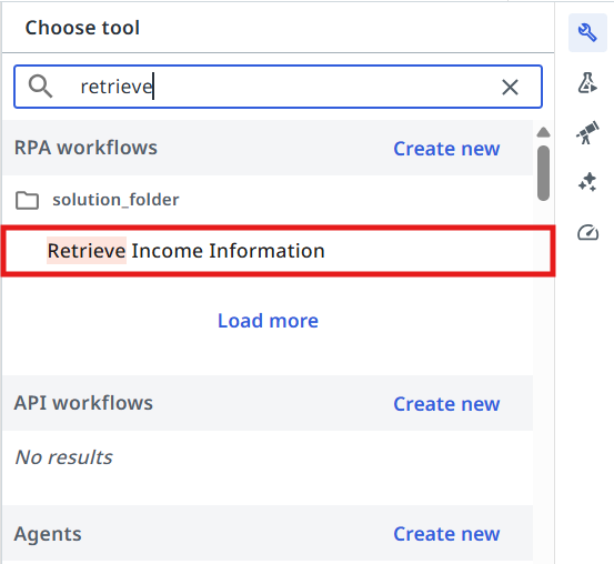 Tool picker with the Retrieve Income Information workflow highlighted under RPA workflows