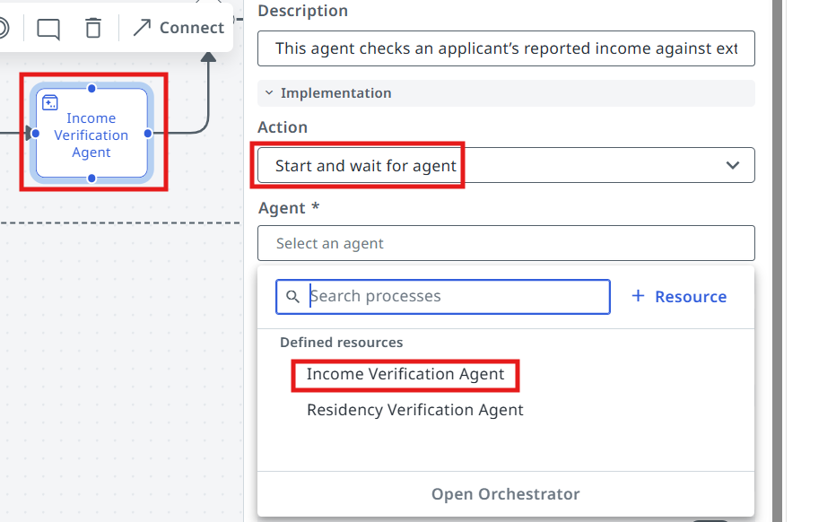 Agent dropdown with Income Verification Agent listed under Defined resources
