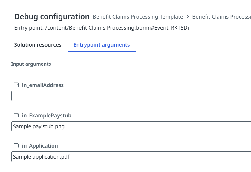 Debug panel with the input arguments filled in
