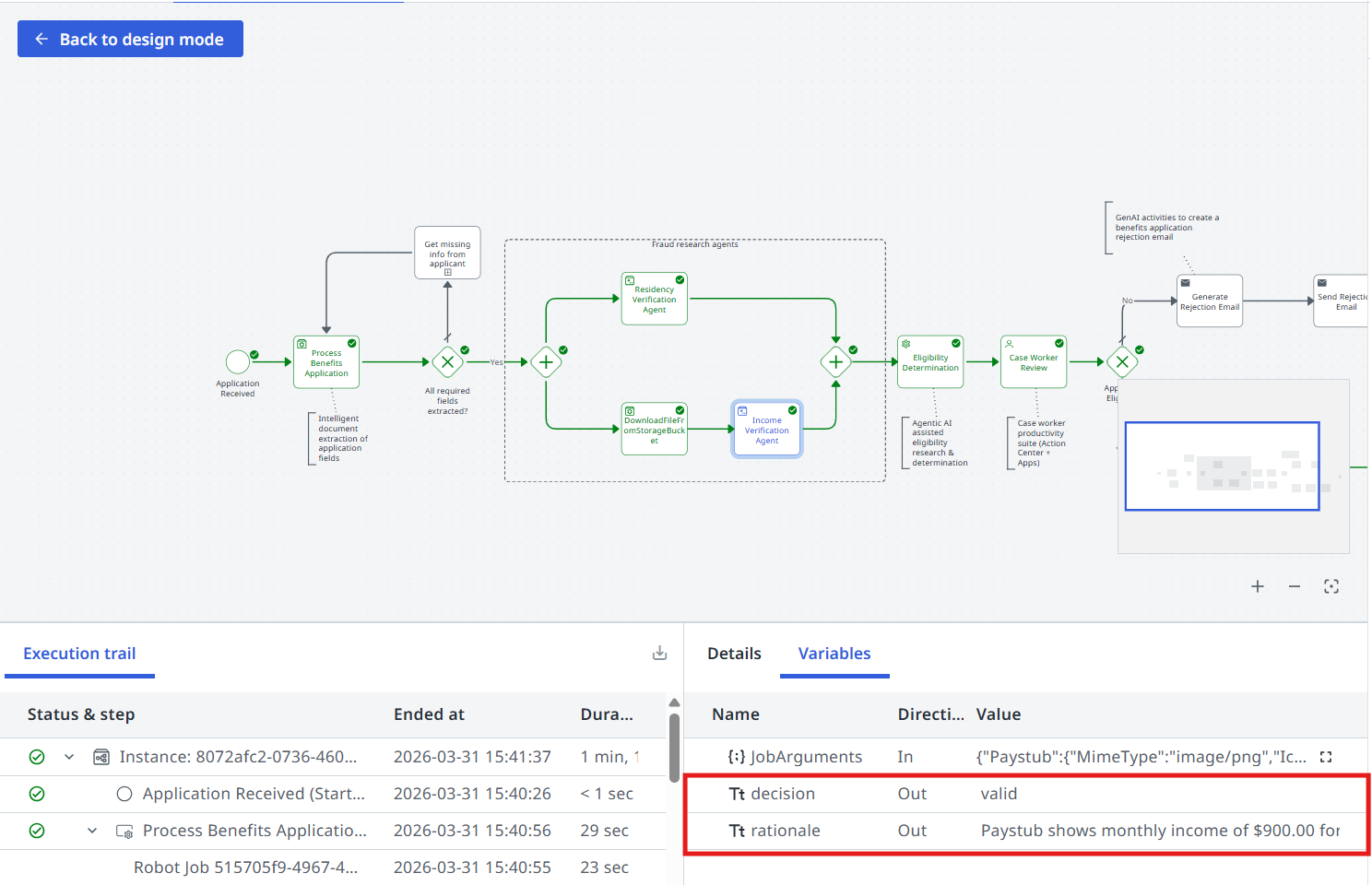 Completed execution showing the Income Verification Agent's output variables