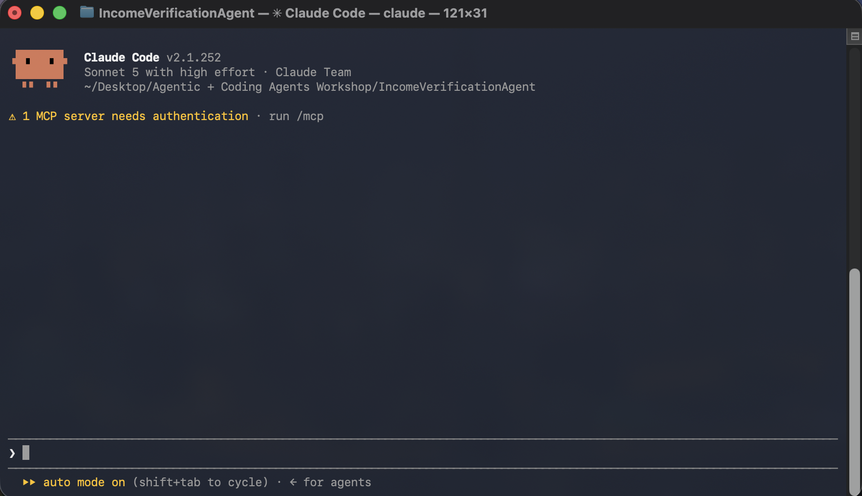 Claude Code freshly opened in the Income Verification Agent folder, ready for a prompt
