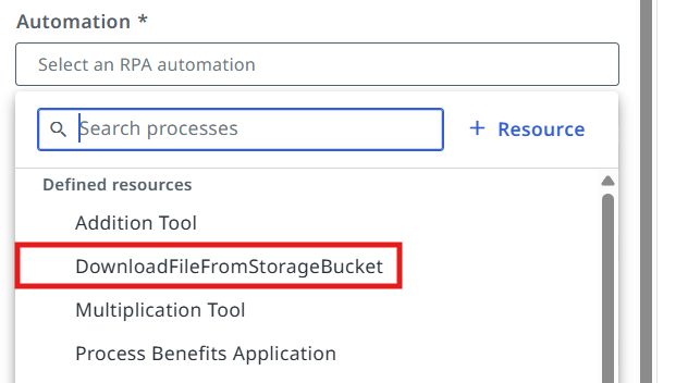 Automation dropdown with DownloadFileFromStorageBucket highlighted