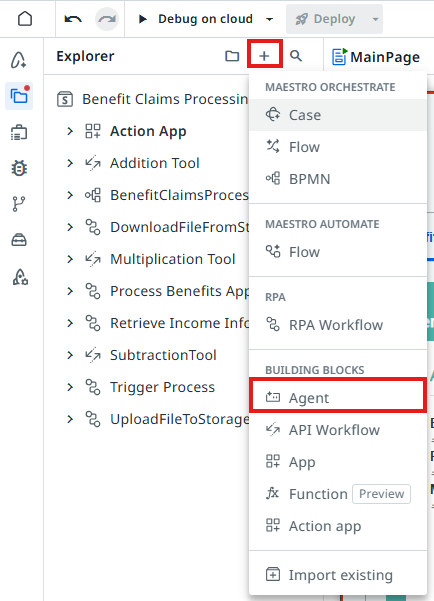 Studio Web Explorer with the add (+) button and the Agent option under Building Blocks highlighted