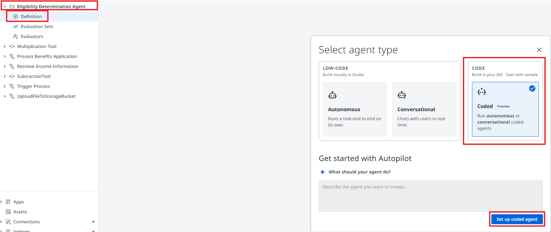Select agent type dialog with the Coded option selected and the Set up coded agent button highlighted