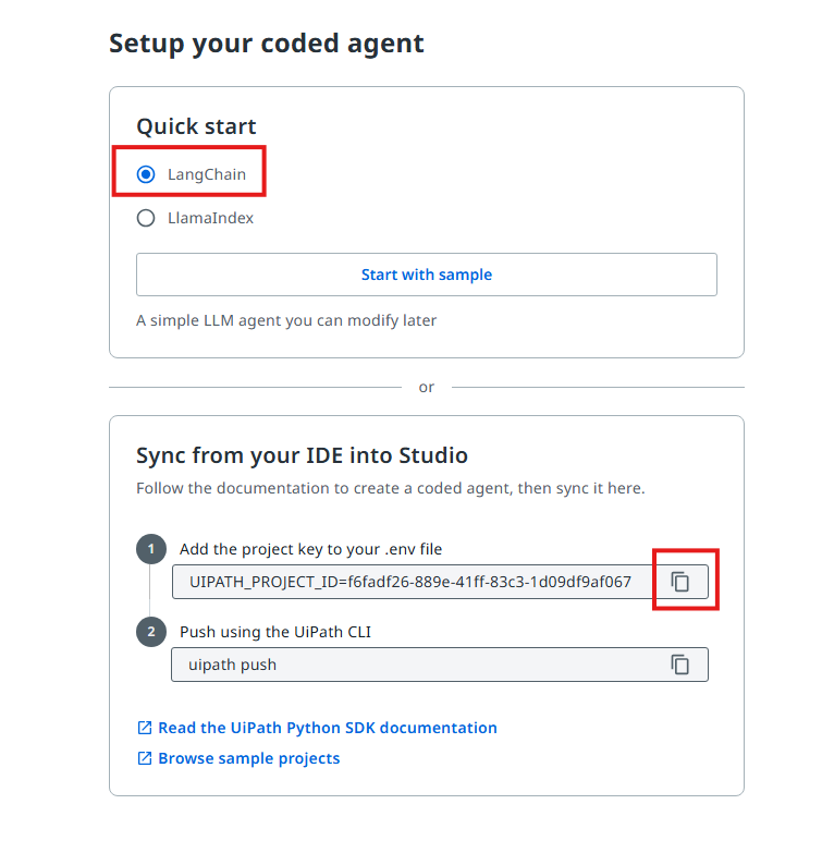 Setup your coded agent page with the copy button next to the UIPATH_PROJECT_ID line highlighted