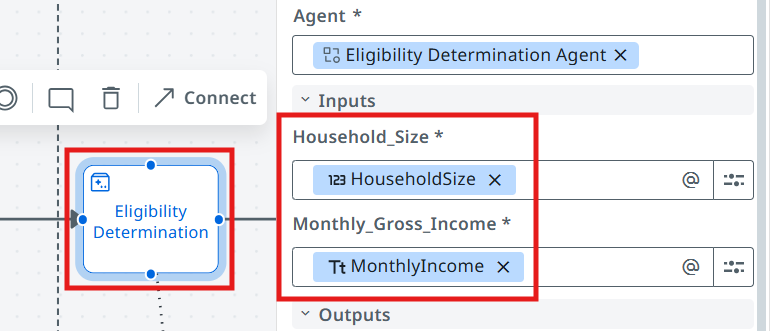 Eligibility Determination agent activity selected with its input mappings
