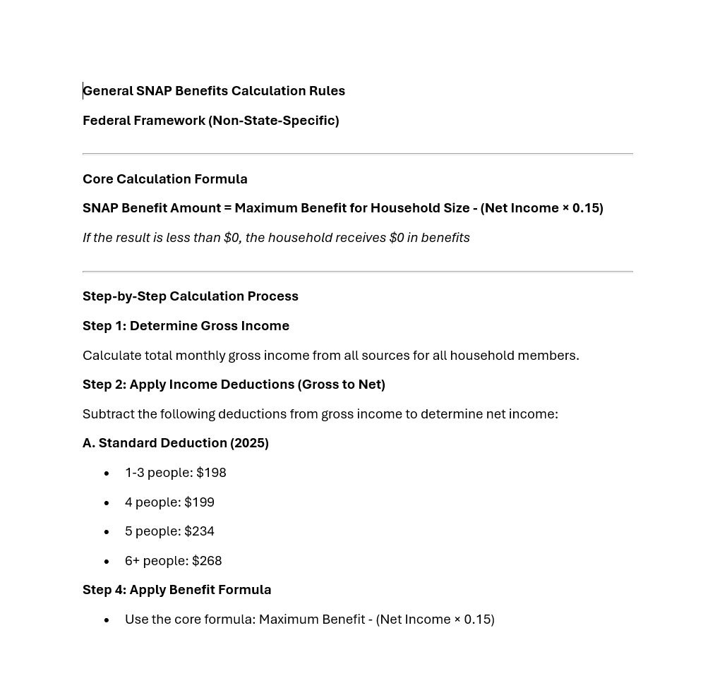 The SNAP benefit calculation rules document
