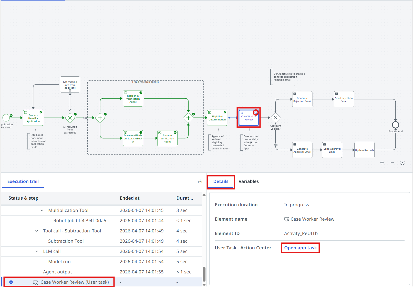 Process execution view paused at the Case Worker Review task