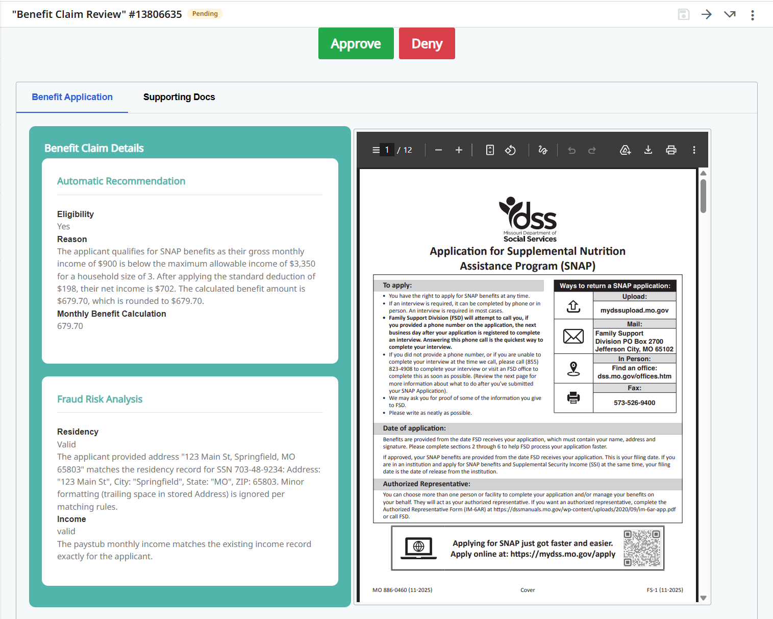 Action Center task titled "Benefit Claim Review" showing the summarized agent decisions and applicant documents