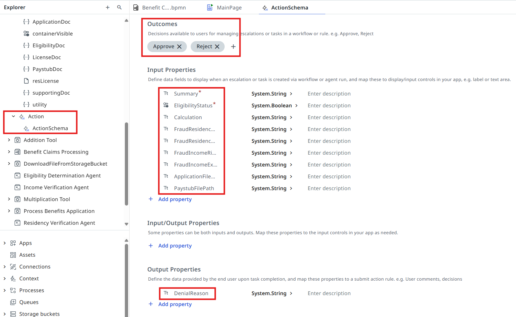 ActionSchema tab showing the app's input and output fields