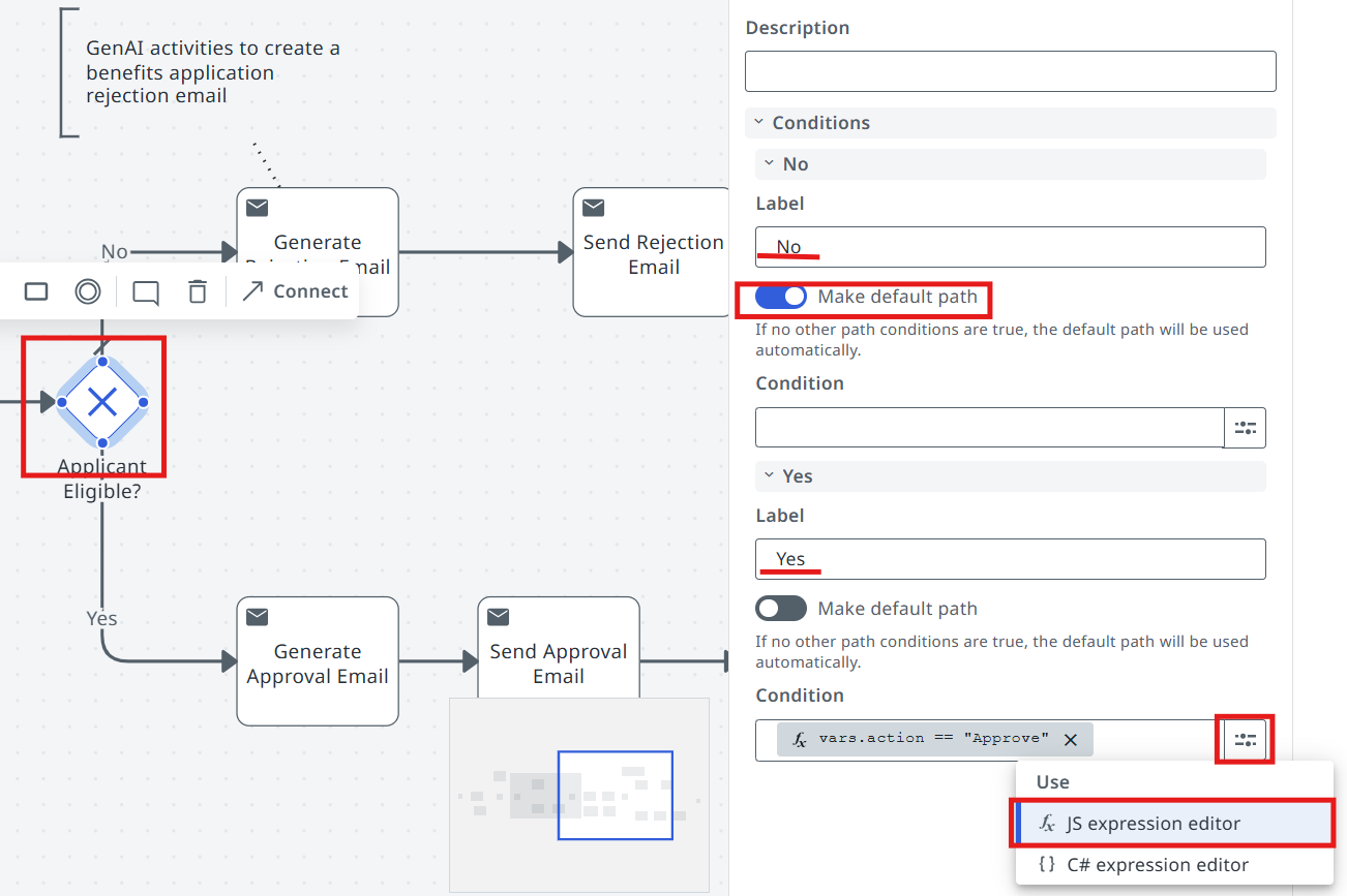 BPMN designer showing the gateway after the Case Worker Review task