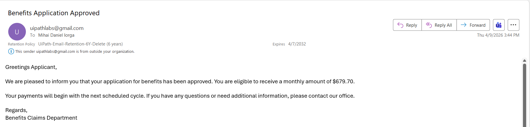 The received benefits approval email opened in Outlook