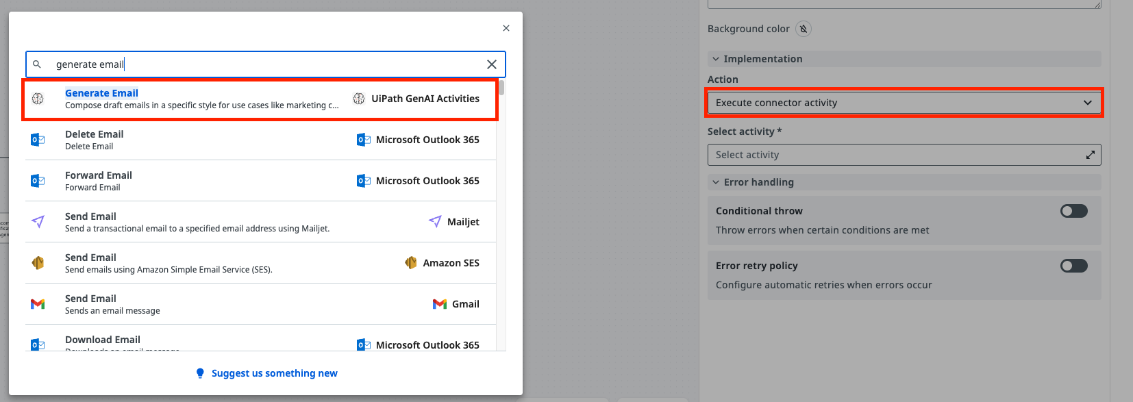 Activity picker searching for "generate email" with the Generate Email UiPath GenAI Activities result highlighted, and the Action set to Execute connector activity