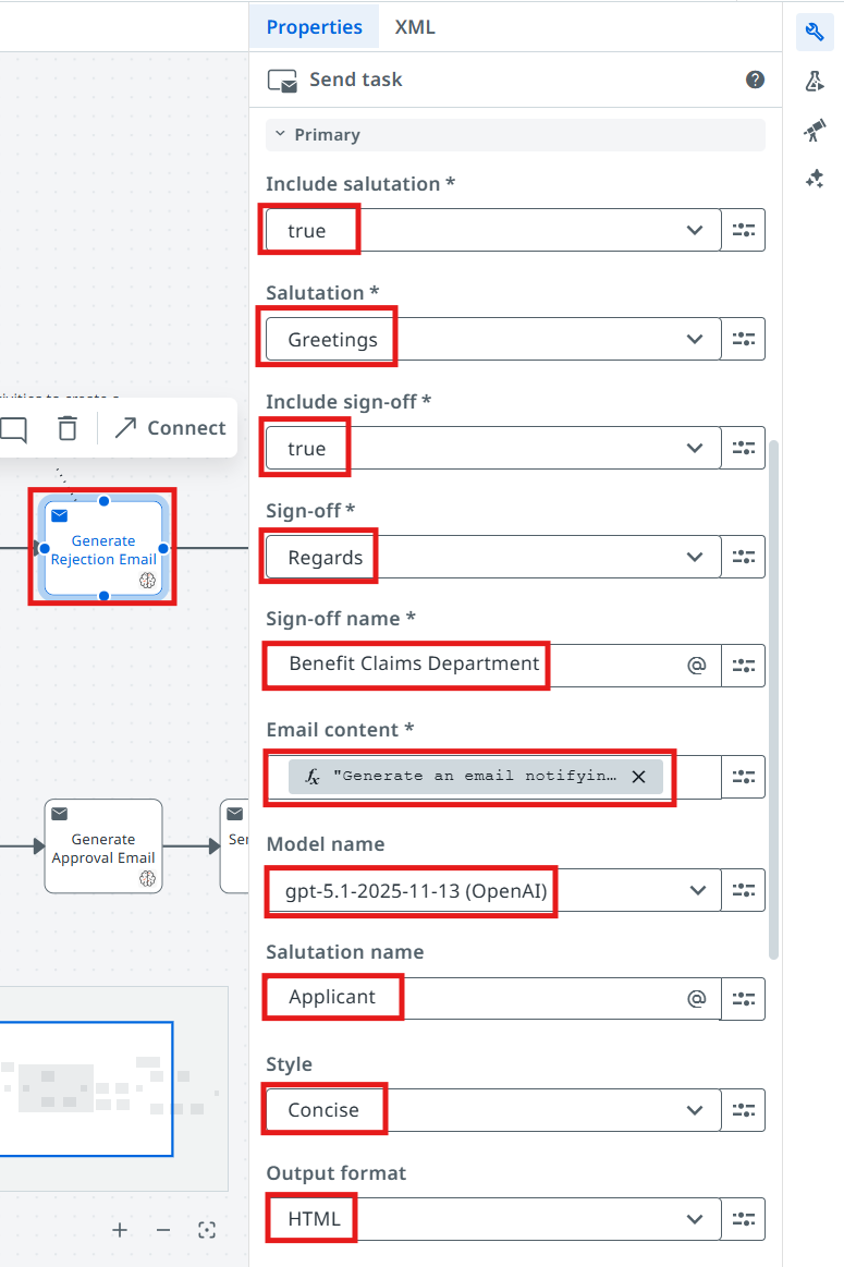 Generate Email activity properties panel