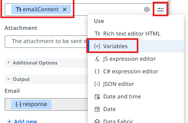 Activity configuration panel with the To and Subject fields filled in