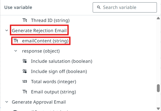 Variable picker showing the emailContent output variable