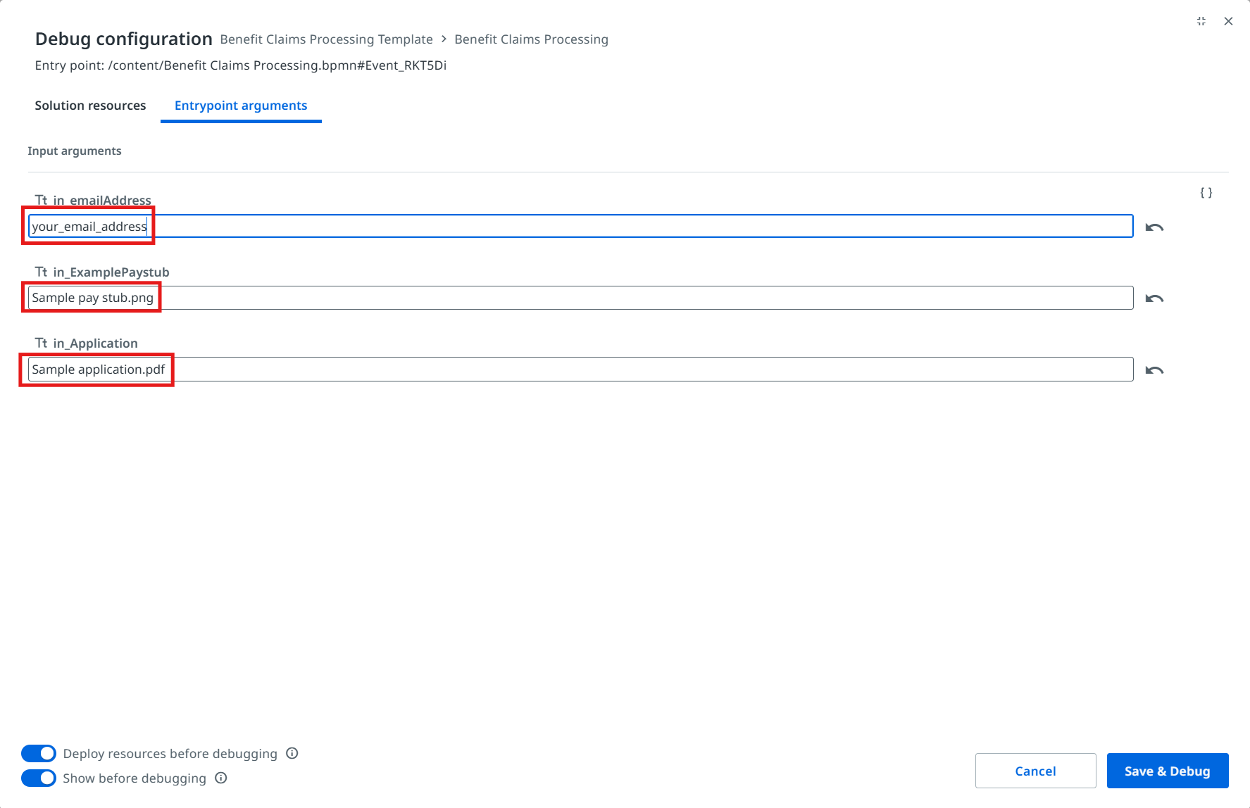 Debug configuration dialog with the input arguments filled in