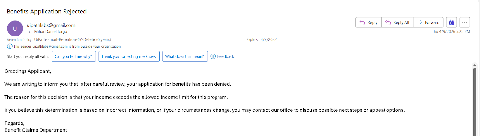 The received benefits rejection email opened in Outlook