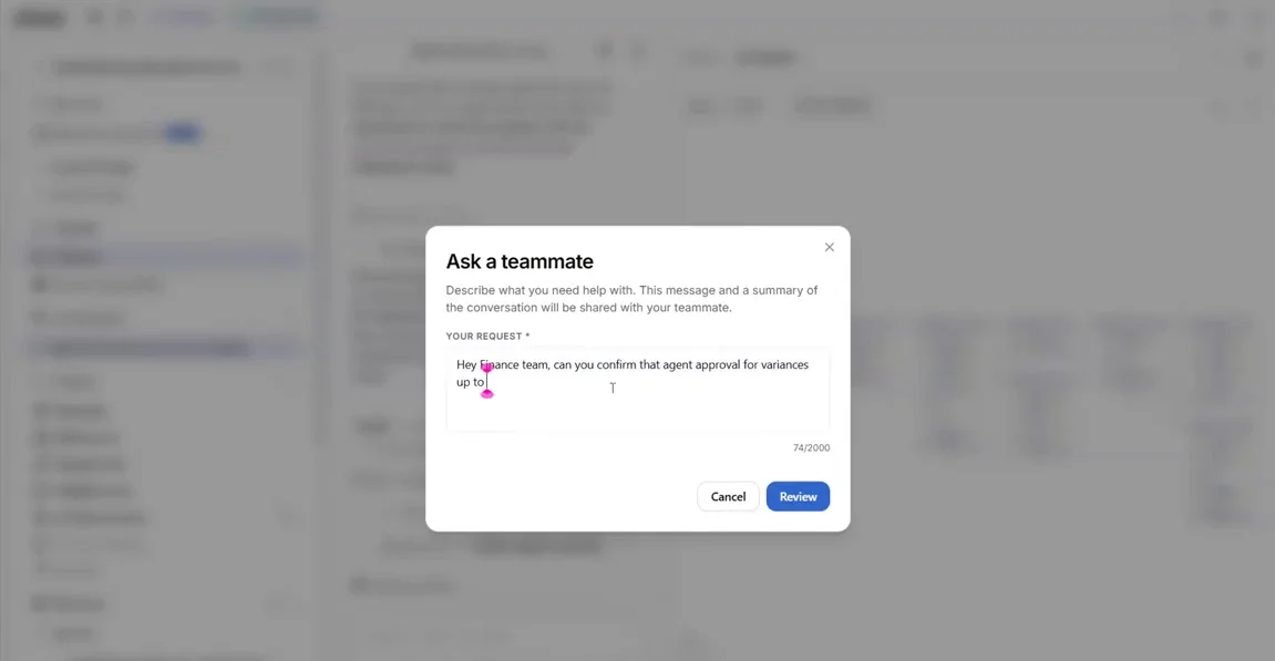 Ask a teammate dialog with the question for the finance team