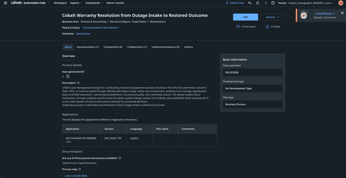 The new Cobalt Warranty Resolution entry in Automation Hub