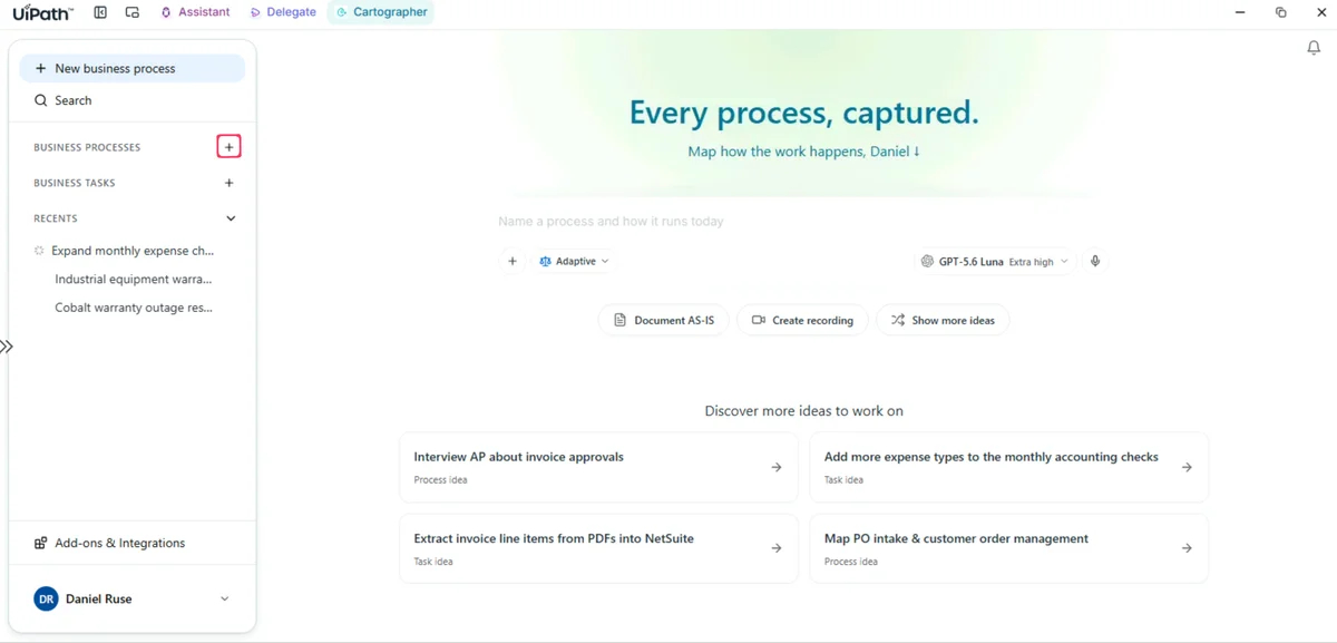 Cartographer home screen with the Business Processes section in the left panel