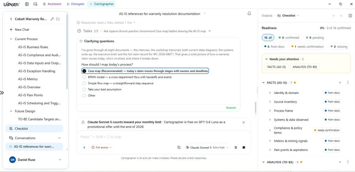 Clarifying question offering a case map, a BPMN model or a simple flow for the AS-IS