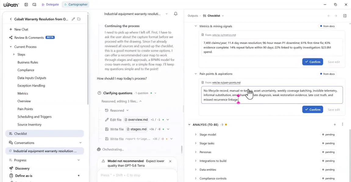 Checklist rows with facts sourced from documents and Confirm buttons