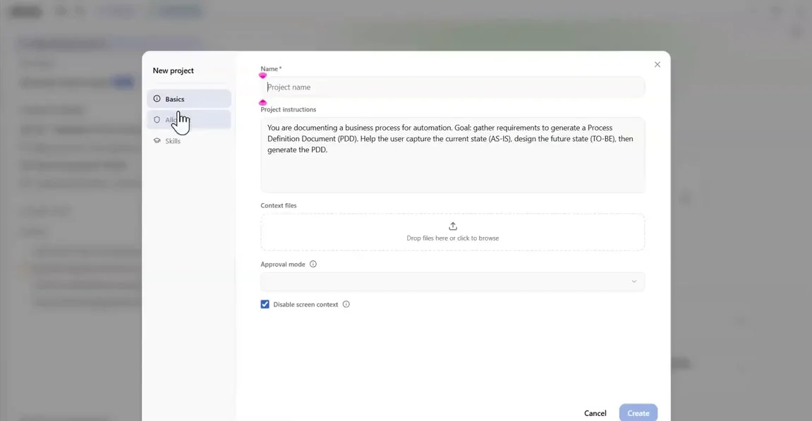 New project dialog with the Name field and the default project instructions