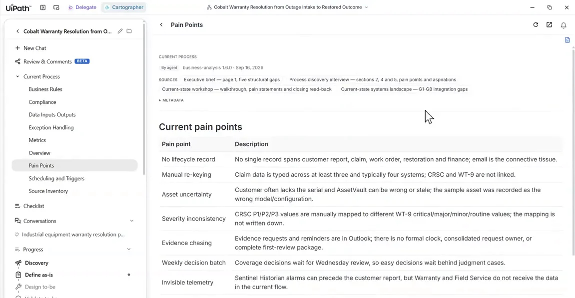 Pain Points page with the Sources and Metadata panel expanded