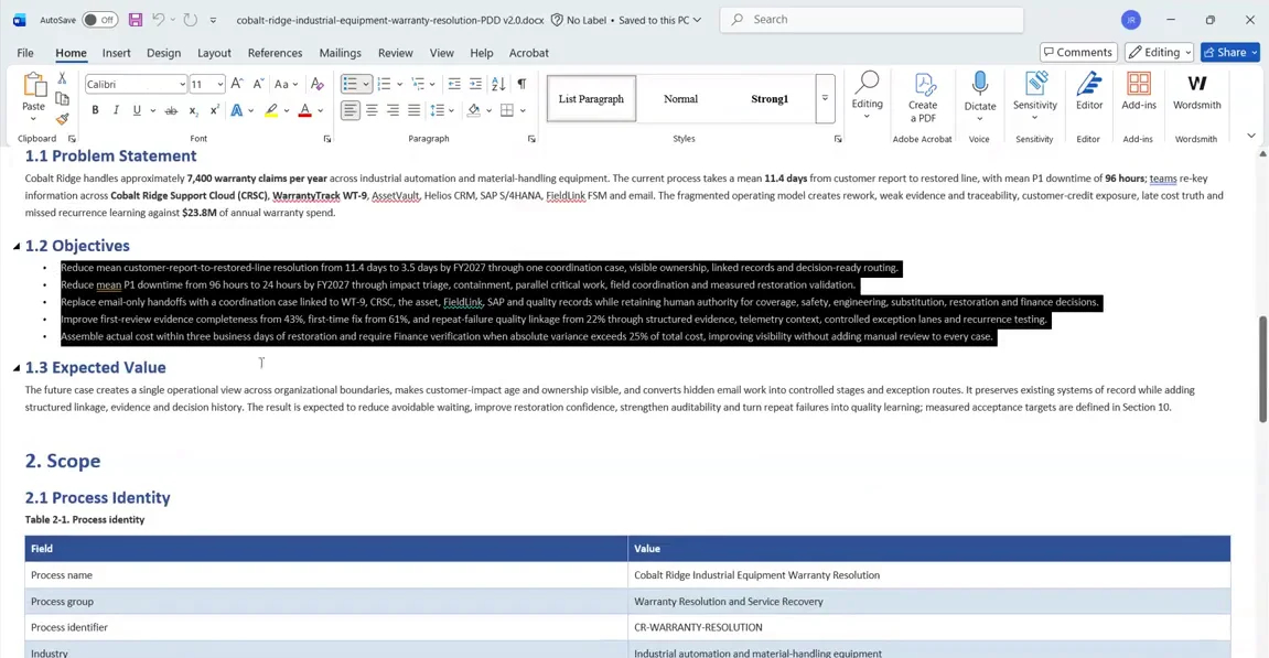 PDD in Word showing the problem statement and objectives